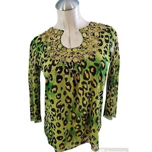 Berek Size PS Green Embellished Top Bejeweled Animal Print